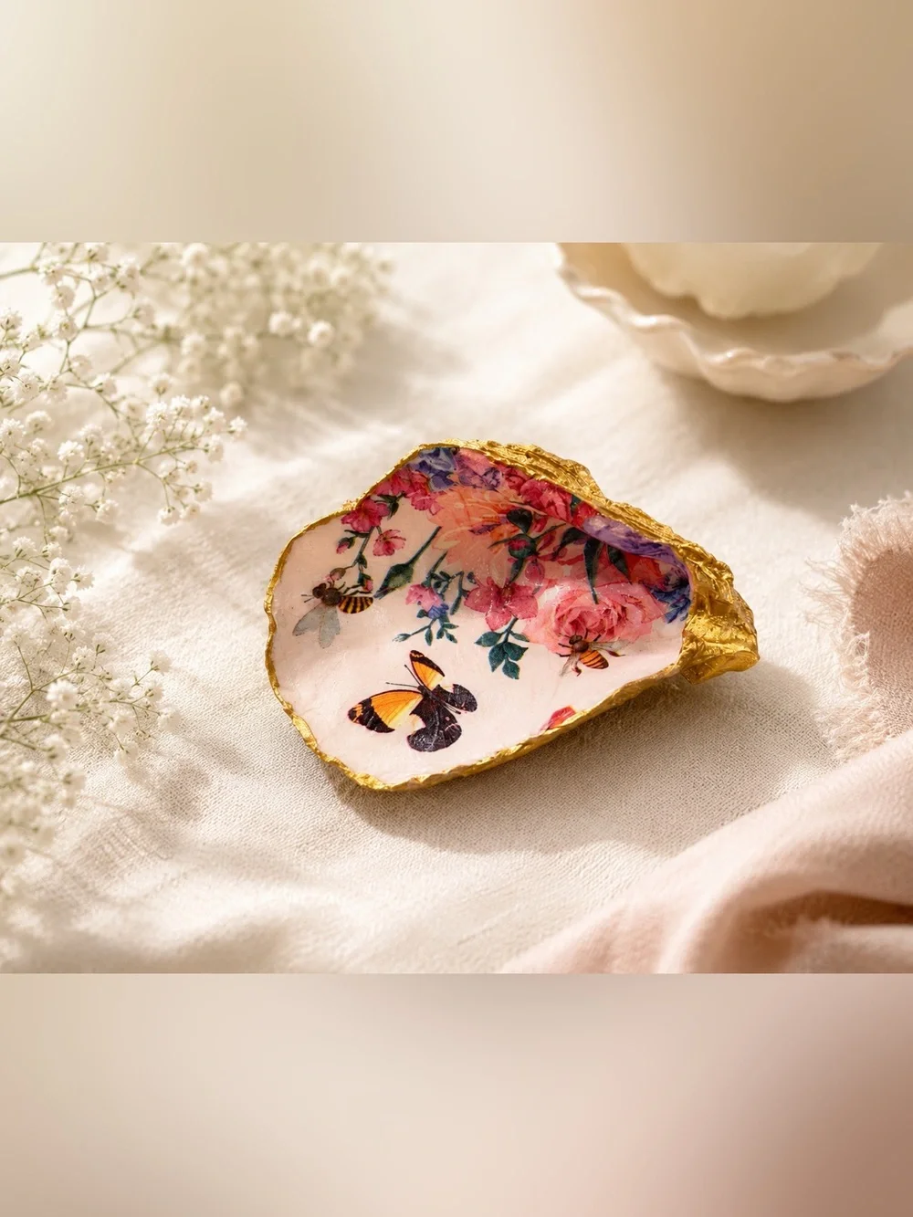 Floral Butterfly Decorative Natural Oyster Jewelry Dish